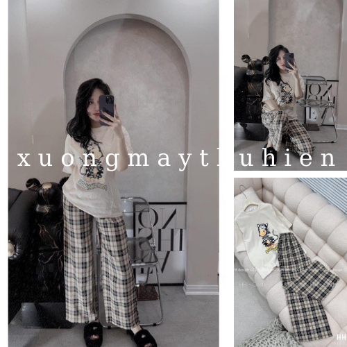 Set áo thun in hình con mèo mix quần suông kẻ ô chất thô mềm mát, set nữ basic màu đen trắng dễ phối đồ xuongmaythuhien