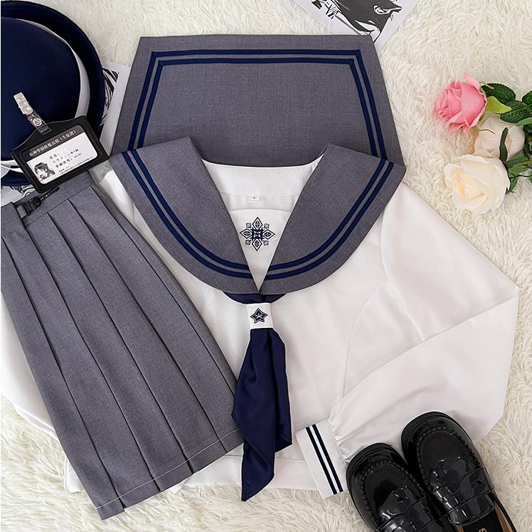 Seifuku/ Set váy đồng phục học sinh Nhật Bản màu xám: áo cổ thủy thủ thêu sao + khăn quàng + chân váy xòe
