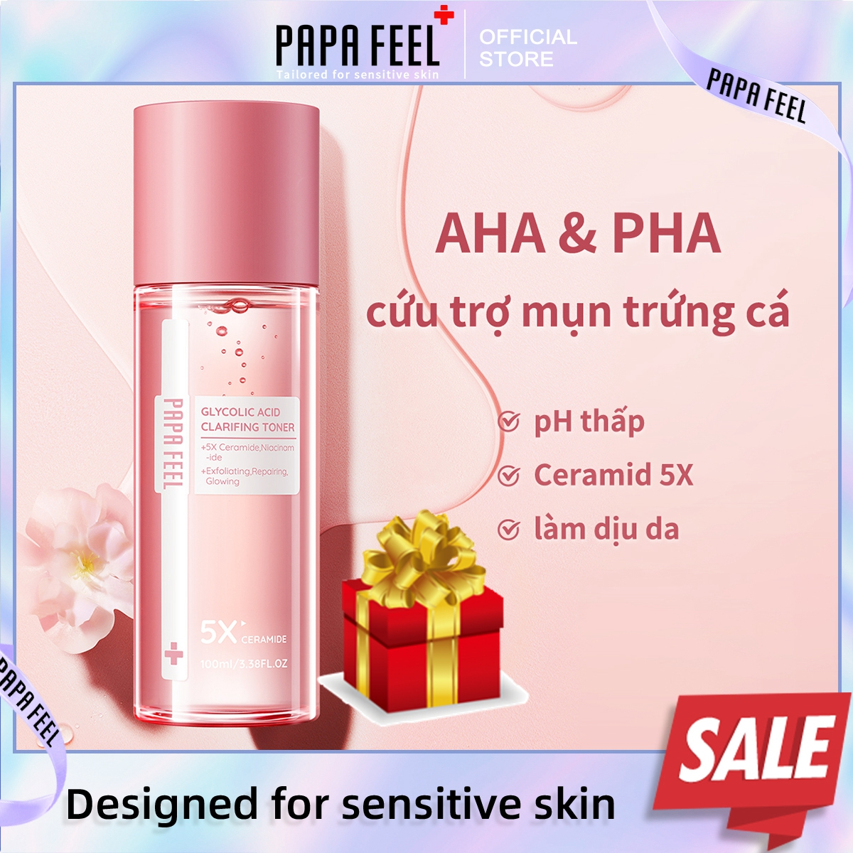 PAPA FEEL Toner AHA&PHA Nước cân bằng da giảm dầu và mụn ngày dành cho da nhạy cảm 100ml
