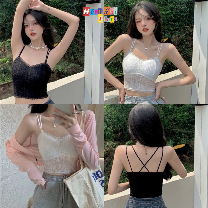 Áo Bra Ren 2 Dây Chéo Lưng Croptop Có Mút Nâng Ngực Co Giãn Cao Cấp Ulzzang