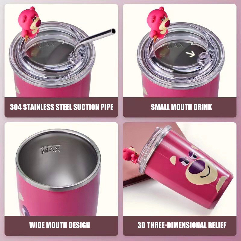 LY CỐC GIỮ NHIỆT HOẠ TIẾT GẤU DÂU LOSTO SIÊU XINH KÈM ỐNG HÚT LÕI INOX 304 CHỐNG GỈ 450ML