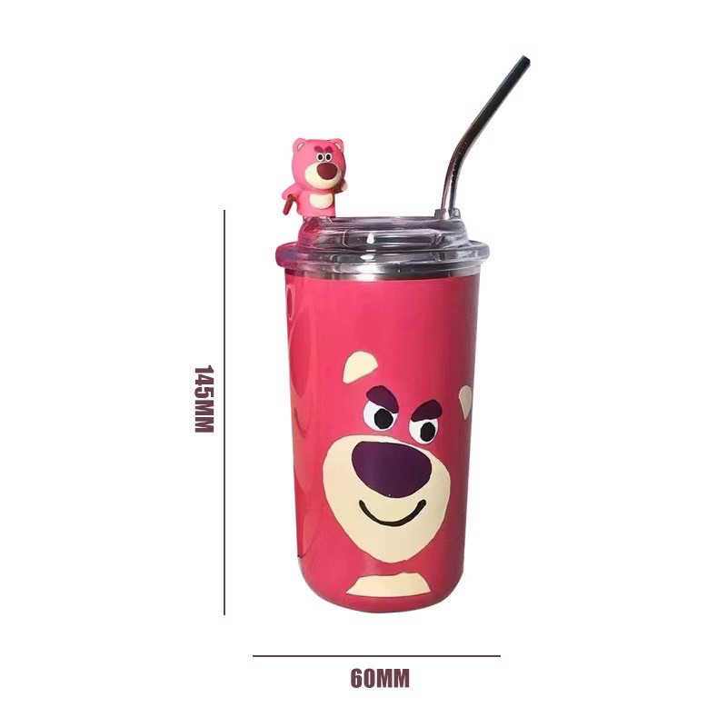 LY CỐC GIỮ NHIỆT HOẠ TIẾT GẤU DÂU LOSTO SIÊU XINH KÈM ỐNG HÚT LÕI INOX 304 CHỐNG GỈ 450ML