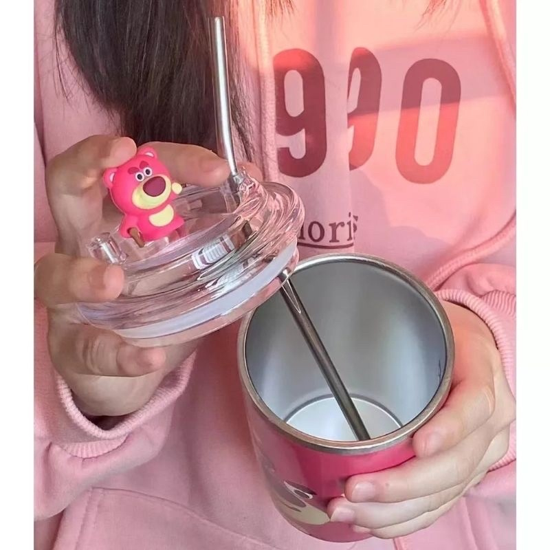 LY CỐC GIỮ NHIỆT HOẠ TIẾT GẤU DÂU LOSTO SIÊU XINH KÈM ỐNG HÚT LÕI INOX 304 CHỐNG GỈ 450ML