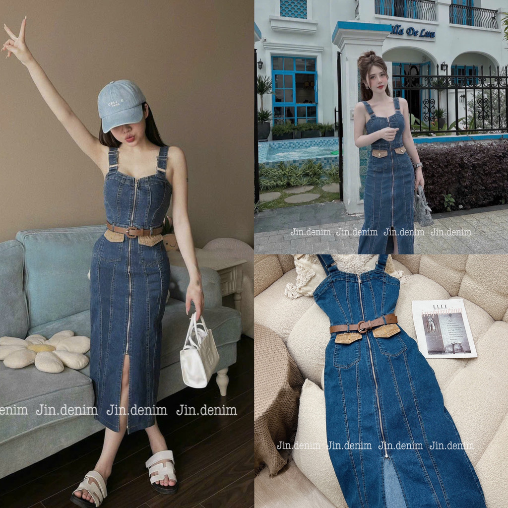 Váy bò 2 dây, Váy đầm bò jean denim body bó ôm sát, 2 dây bản to cúp ngực khóa kéo toàn thân dáng dài thiết kế 021