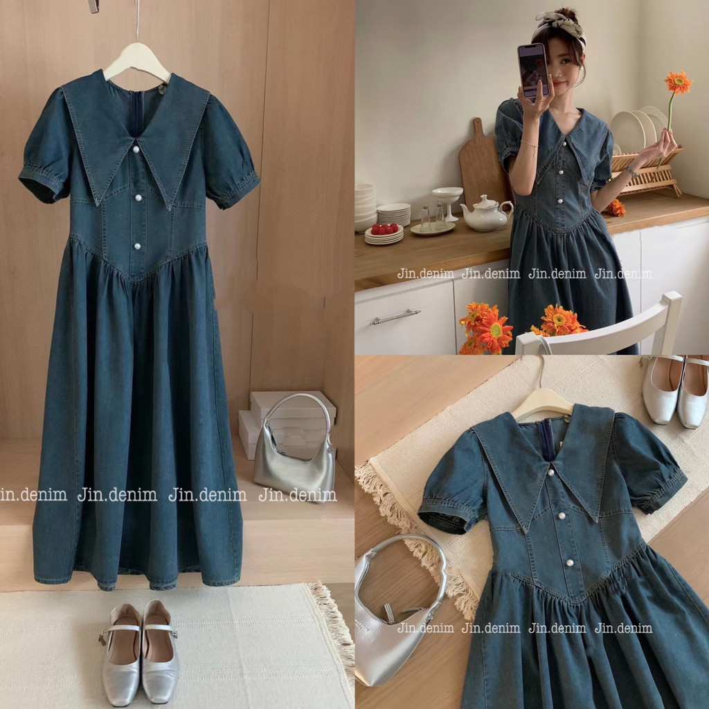 Váy đầm bò jean QCCC hàng Quảng Châu thiết kế basic dáng dài, cổ đức tay bồng, vintage