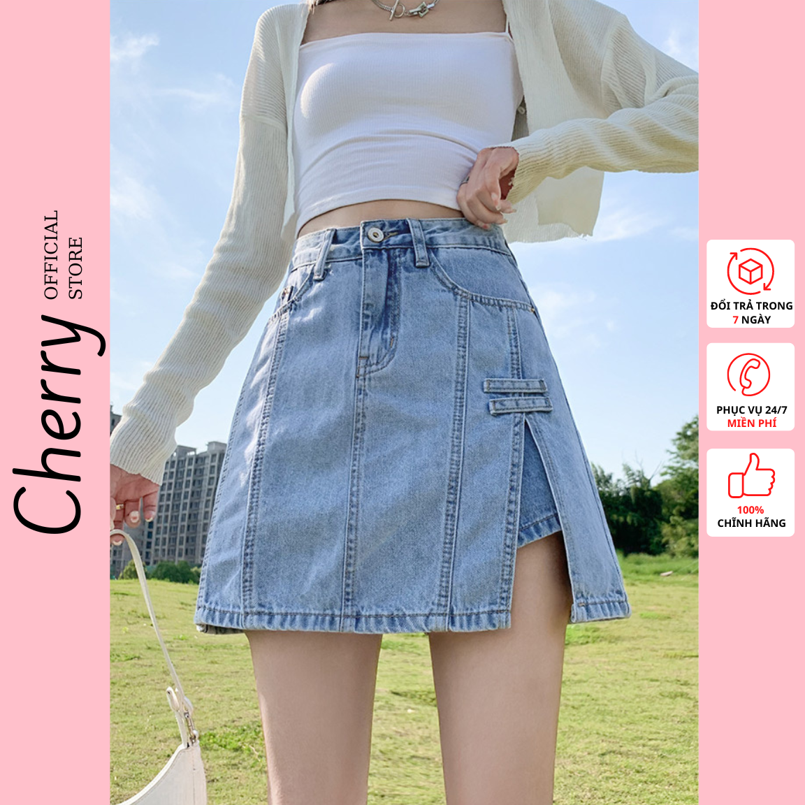 Chân váy jean ngắn xẻ tà CHERRY eo cao phong cách Hàn Quốc, chân váy bò chữ A ngắn cạp cao có quần trong T083
