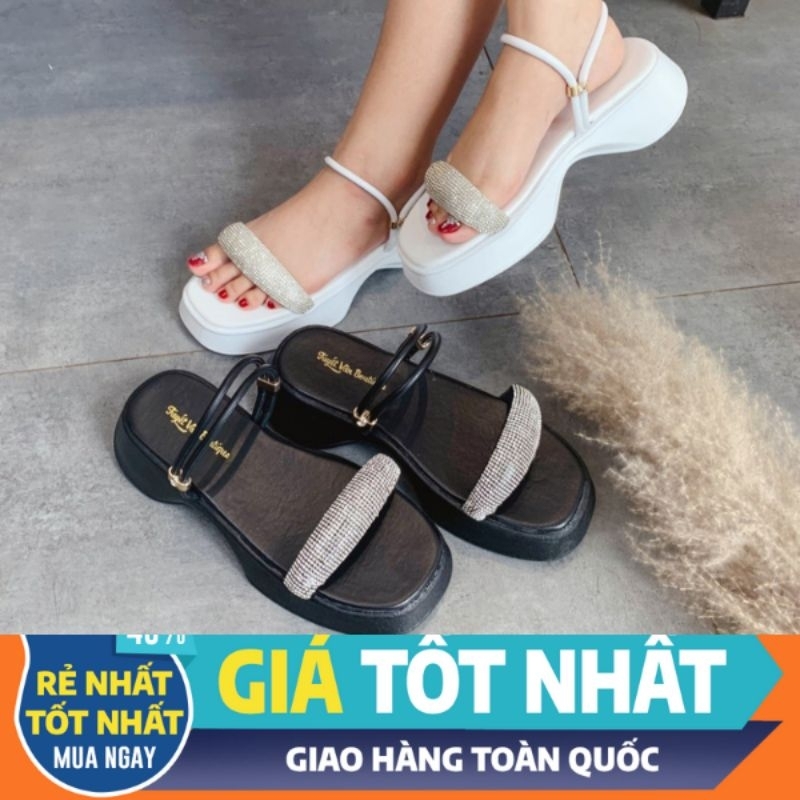 Dép Bánh Mì nữ,Giày Nữ Đế Xuồng cao 3c Quai ngang đính xoàn CAO CẤP [phom to Lùi 1size]