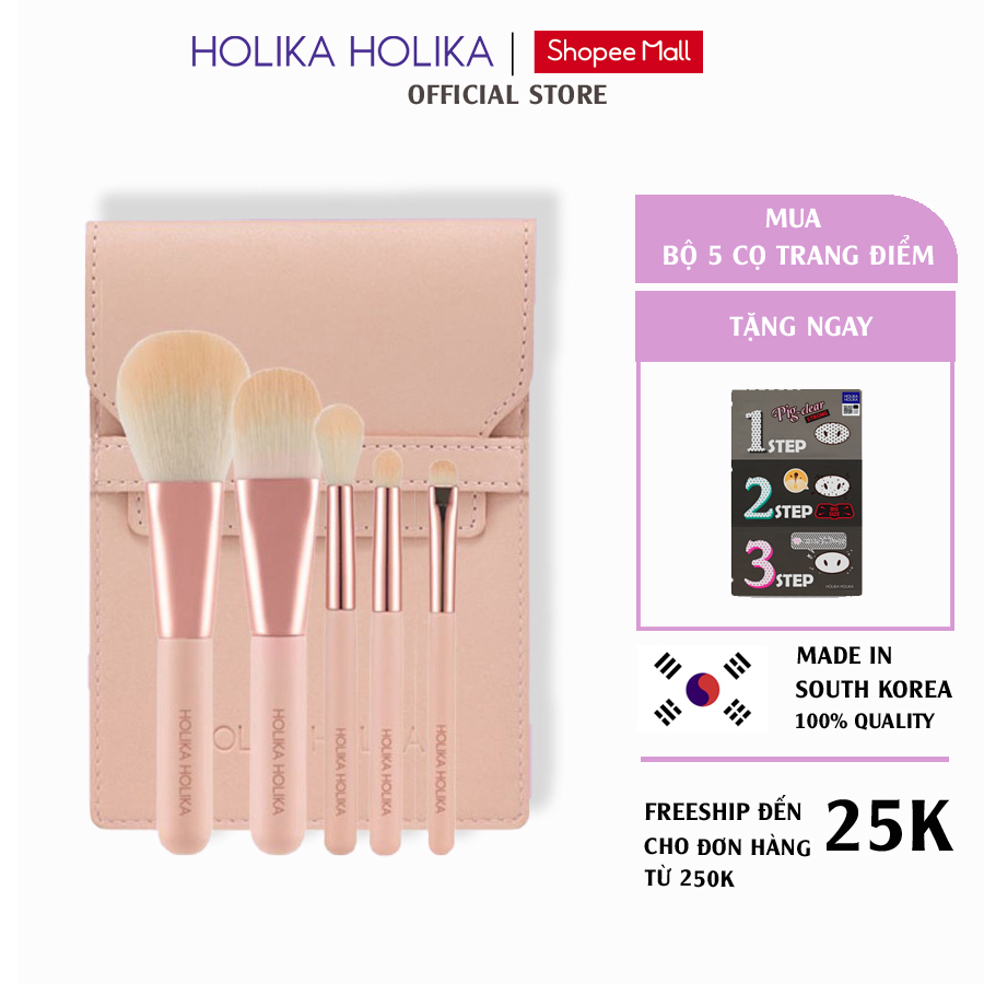 Bộ 5 cọ trang điểm chuyên nghiệp Hàn Quốc Holika Holika Nudrop Mini Brush tặng kèm túi da cao cấp - 7222