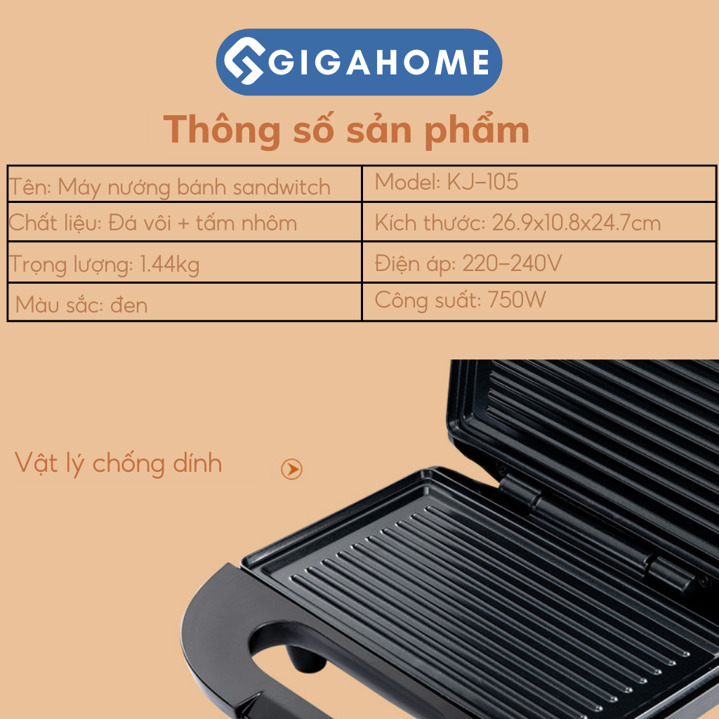 Máy Nướng Bánh Mì Sandwich, Hotdog GIGAHOME KJ-105 Công Suất 750W Tiện Lợi 9209