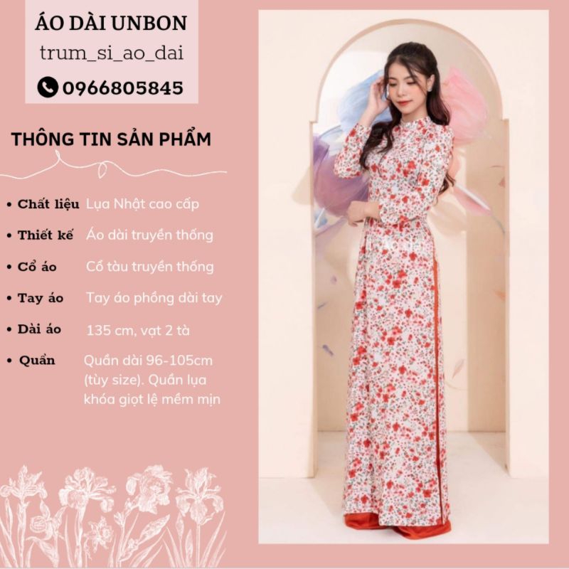 Áo dài hoa nhí, áo dài nữ may sẵn chất vải lụa in 6d sắc nét, áo dài cách tân xanh cổ tròn tay phồng lên form trẻ trung