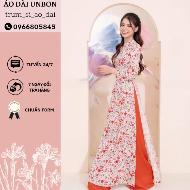 Áo dài hoa nhí, áo dài nữ may sẵn chất vải lụa in 6d sắc nét, áo dài cách tân xanh cổ tròn tay phồng lên form trẻ trung