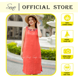 Sono - Đầm Chất Liệu Linen Màu Cam Thêu Viền Cổ Dáng Suông Trẻ Trung