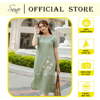Sono - đầm chất liệu linen màu xanh có tay thêu hoa dáng suông nhẹ nhàng