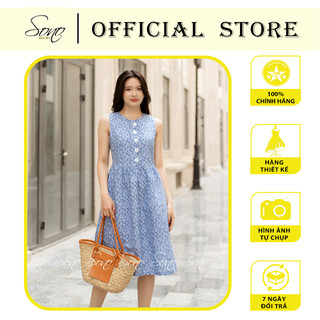 Sono - Đầm Chất Liệu Linen Màu Xanh Hoa Nhí Nút Trắng Trẻ Trung
