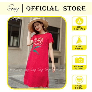 Sono - Đầm Chất Liệu Linen Có Tay Vẽ Tay Thủ Công Họa Tiết Hoa Hồng Trẻ Trung
