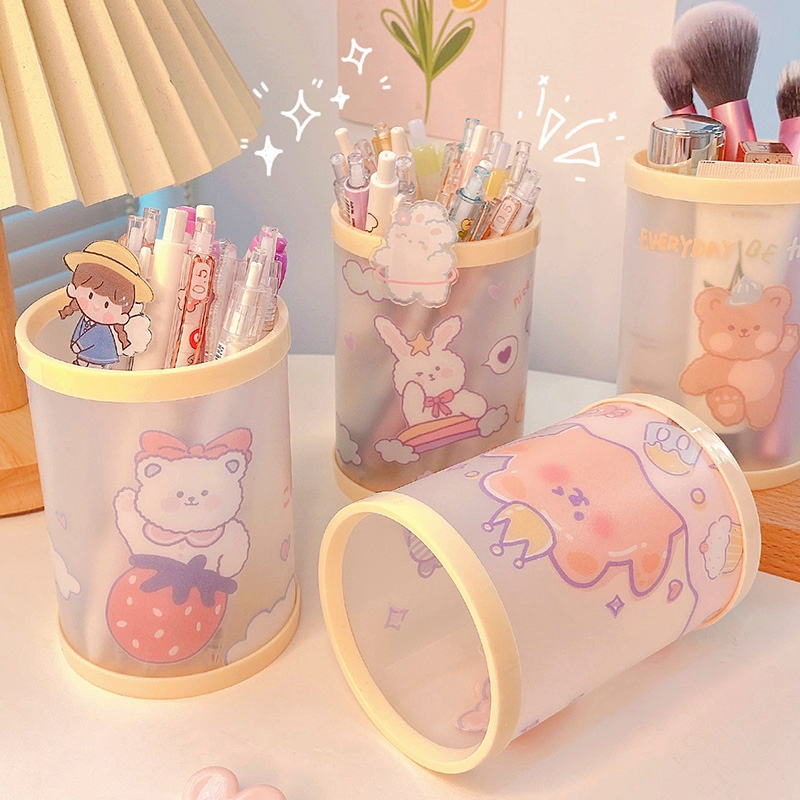 Ống, Hộp Đựng Bút Viết Để Bàn Hình Trụ Tròn, Chất Liệu Nhựa Trong Cao Cấp, Họa Tiết Ngộ Nghĩnh Đáng Yêu