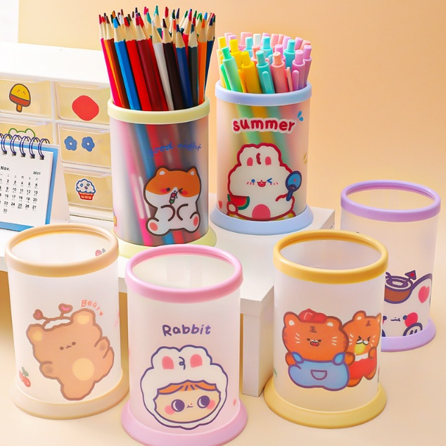 Ống, Hộp Đựng Bút Viết Để Bàn Hình Trụ Tròn, Chất Liệu Nhựa Trong Cao Cấp, Họa Tiết Ngộ Nghĩnh Đáng Yêu