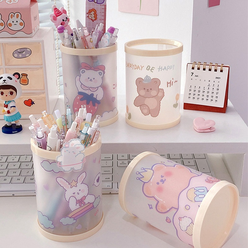 Ống, Hộp Đựng Bút Viết Để Bàn Hình Trụ Tròn, Chất Liệu Nhựa Trong Cao Cấp, Họa Tiết Ngộ Nghĩnh Đáng Yêu