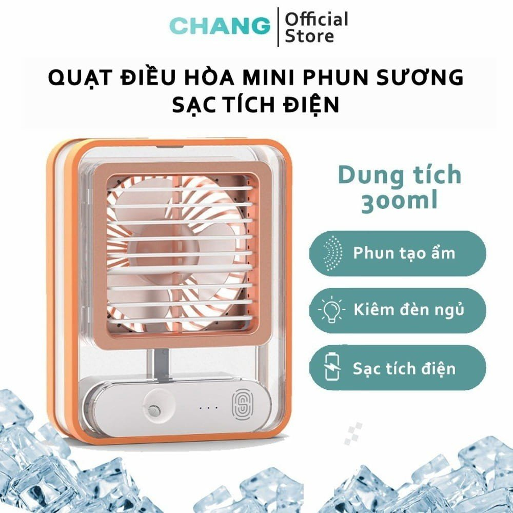 Quạt điều hoà mini để bàn trong suốt, quạt tích điện phun sương mini kiêm đèn ngủ 3 cấp độ gió dung tích bình 300ml