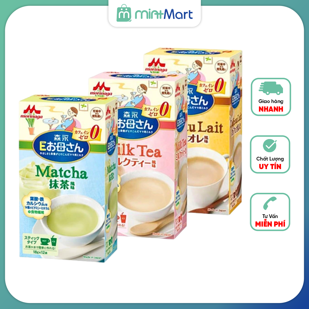 Sữa bầu Morinaga Nội địa Nhật 3 vị Matcha, Cafe, Milk Tea hộp 216g 12 gói