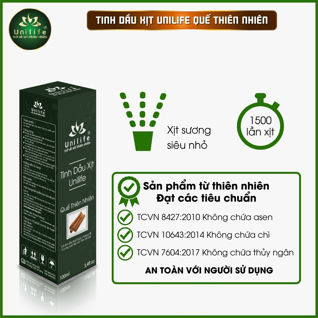 Chai Xịt Tinh Dầu Xả Chanh, Quế Unilife 100ml Xịt Phòng, Khử Mùi ,Đuổi Muỗi ,Thơm Phòng An Toàn