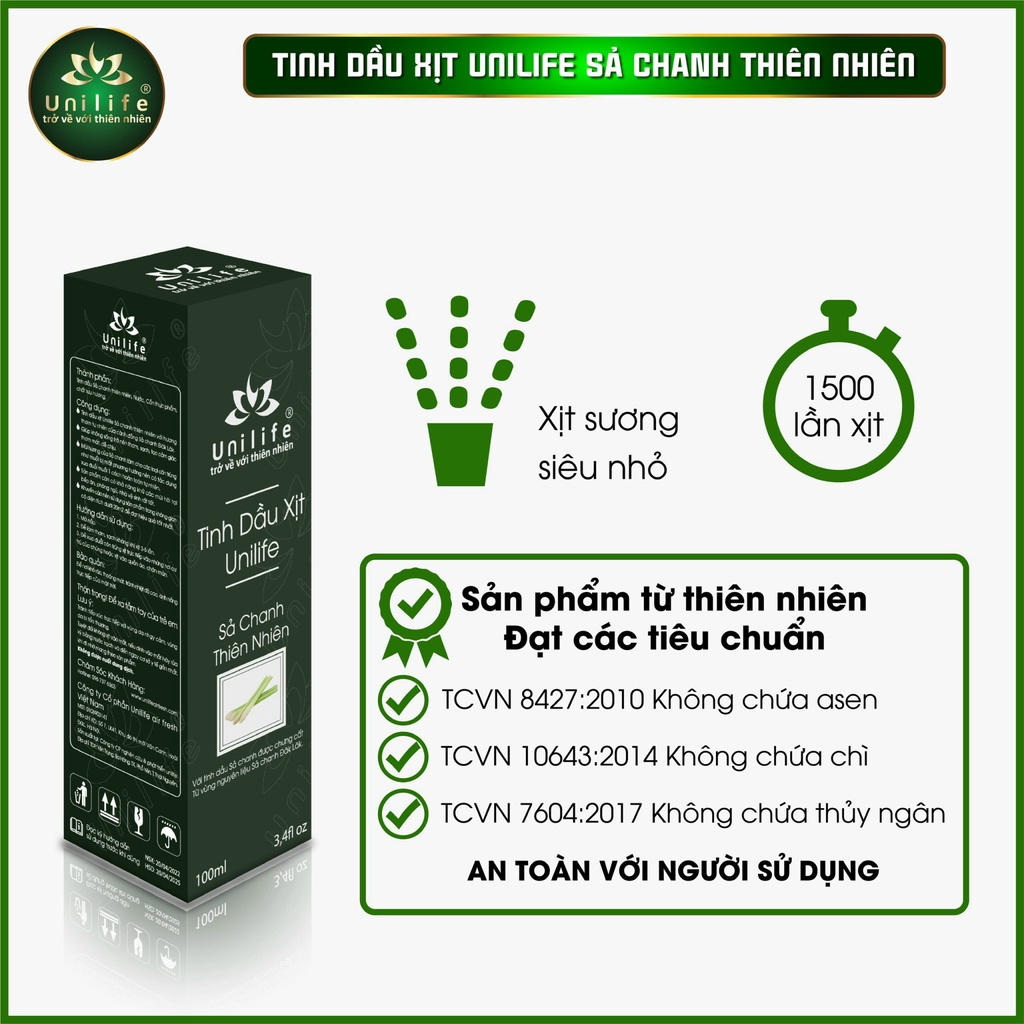 Chai Xịt Tinh Dầu Xả Chanh, Quế Unilife 100ml Xịt Phòng, Khử Mùi ,Đuổi Muỗi ,Thơm Phòng An Toàn