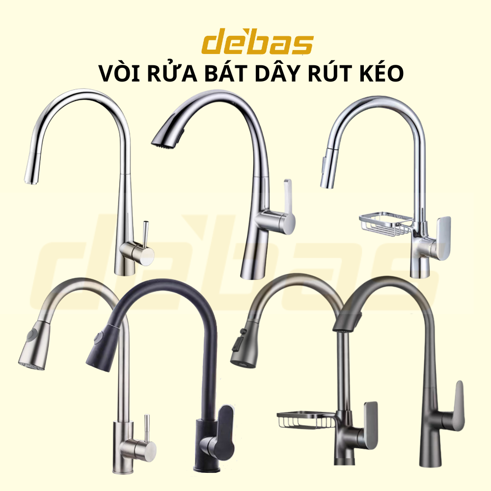 Vòi rửa bát dây rút mạ nano đen nóng lạnh inox cao cấp đồng mạ Debas V7212 V758X V756X