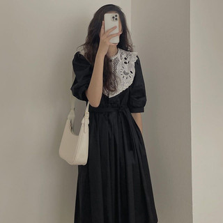 (ORDER) Váy màu đen tay phồng xòe dài cổ phối ren trắng sang trọng kiểu Pháp thắt eo