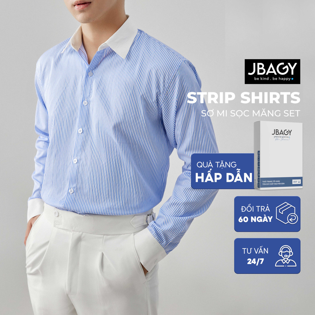 Áo sơ mi nam kẻ sọc xanh phối măng set cổ trắng chất liệu oxford cotton thoáng mát thanh lịch thương hiệu JBAGY - JS0705