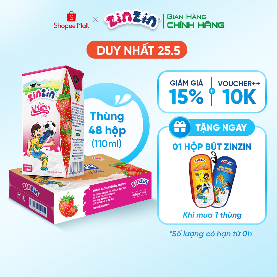 Thùng 48 hộp Sữa trái cây ZinZin vị dâu 110ml - Siêu ưu đãi