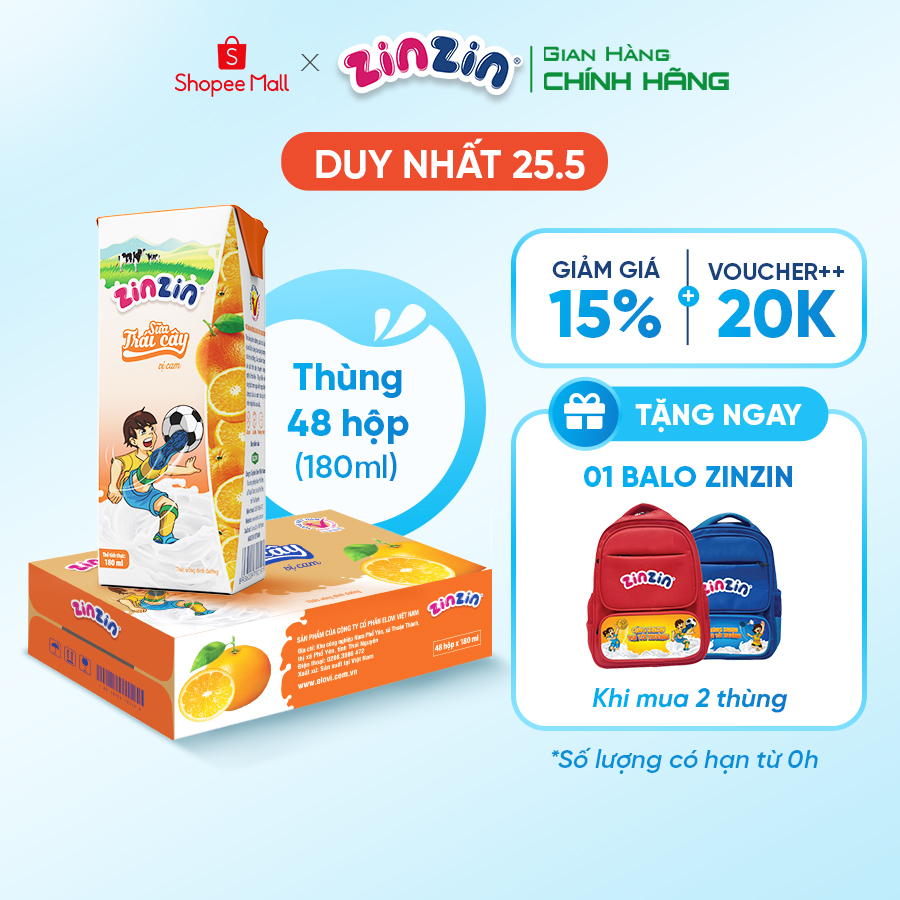 Thùng 48 hộp Sữa trái cây ZinZin vị cam 180ml - Siêu ưu đãi