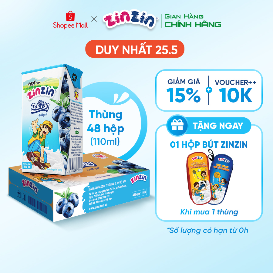 Thùng 48 hộp Sữa trái cây ZinZin vị việt quất 110ml