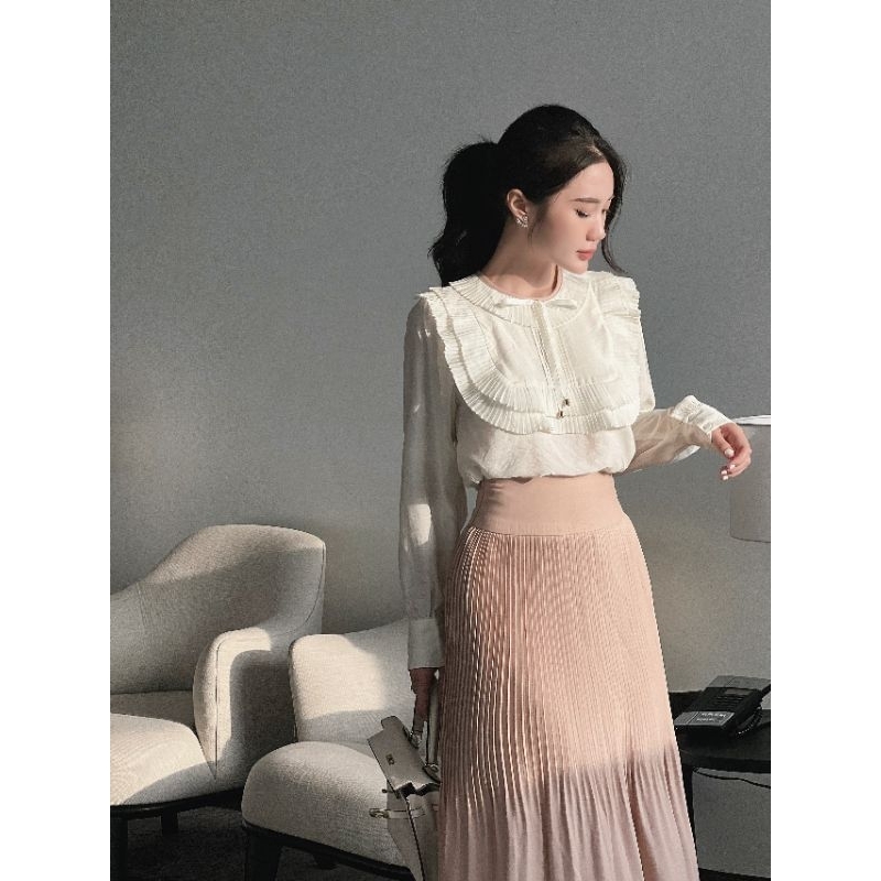 Sét áo tay dài chân váy dập li dài-Hàng thiết kế Khánh An, vải form đẹp