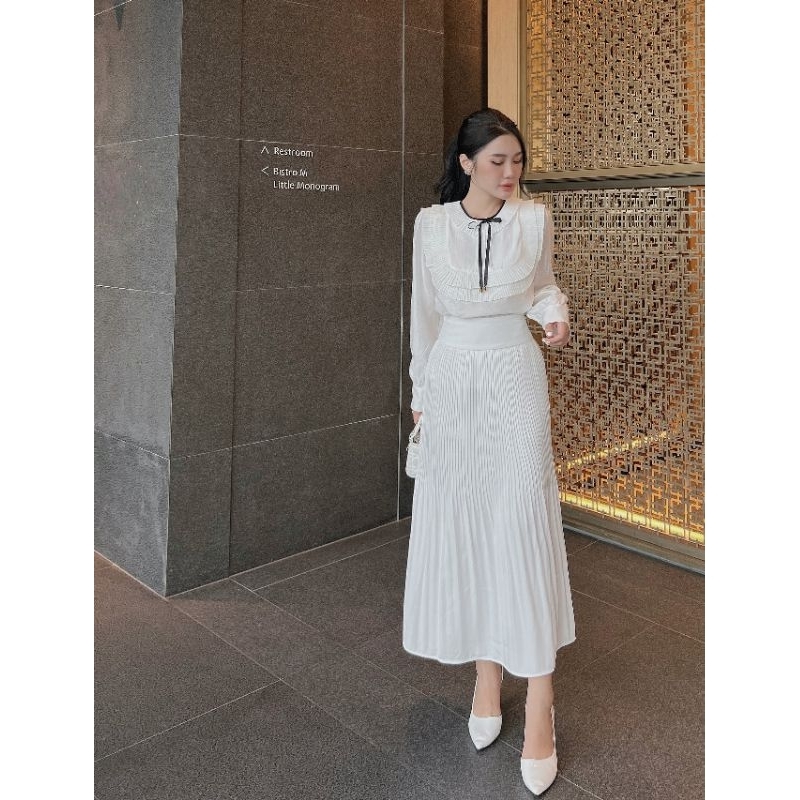 Sét áo tay dài chân váy dập li dài-Hàng thiết kế Khánh An, vải form đẹp