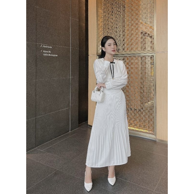 Sét áo tay dài chân váy dập li dài-Hàng thiết kế Khánh An, vải form đẹp