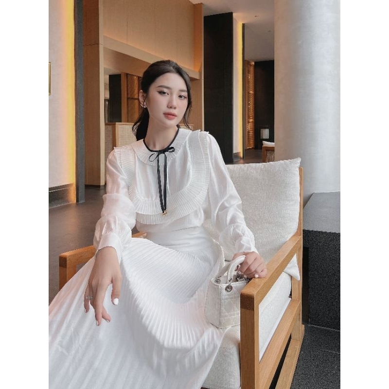 Sét áo tay dài chân váy dập li dài-Hàng thiết kế Khánh An, vải form đẹp