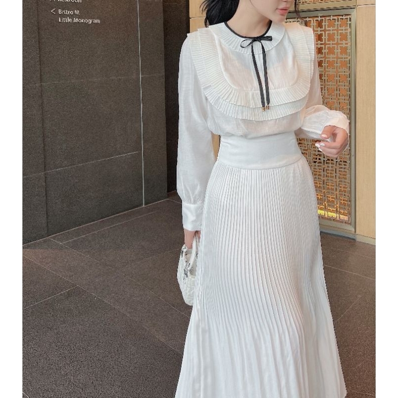 Sét áo tay dài chân váy dập li dài-Hàng thiết kế Khánh An, vải form đẹp