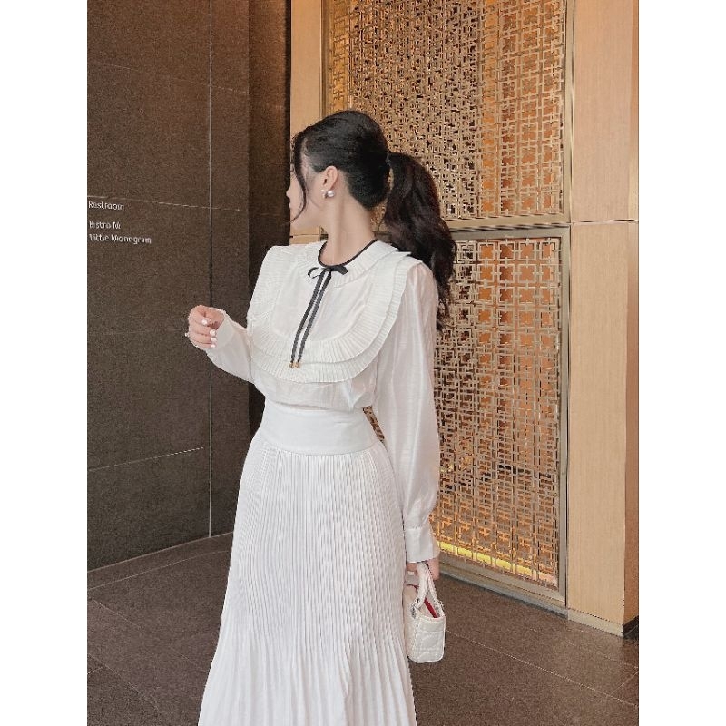 Sét áo tay dài chân váy dập li dài-Hàng thiết kế Khánh An, vải form đẹp