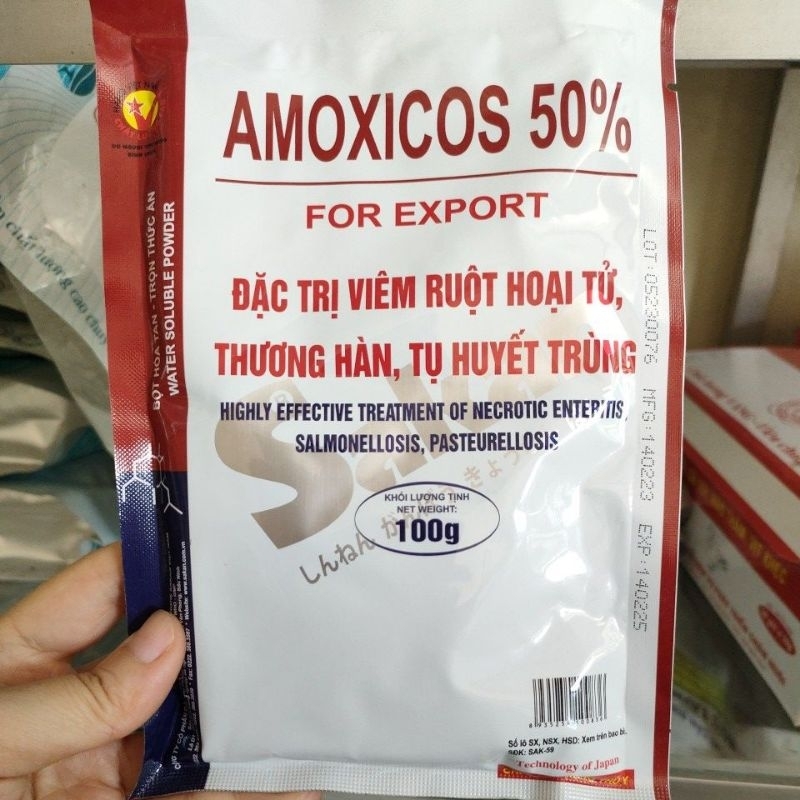Sakan Amox 50% 100g chuyên viêm ruột hoại tử, thương hàn, tụ huyết trùng trên vật nuôi.