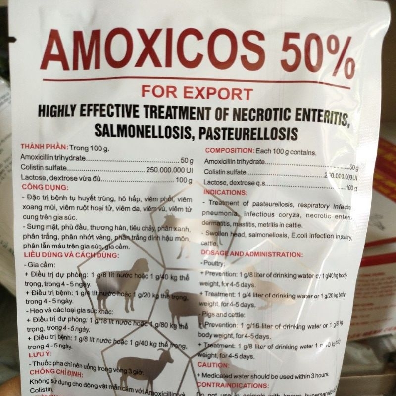 Sakan Amox 50% 100g chuyên viêm ruột hoại tử, thương hàn, tụ huyết trùng trên vật nuôi.
