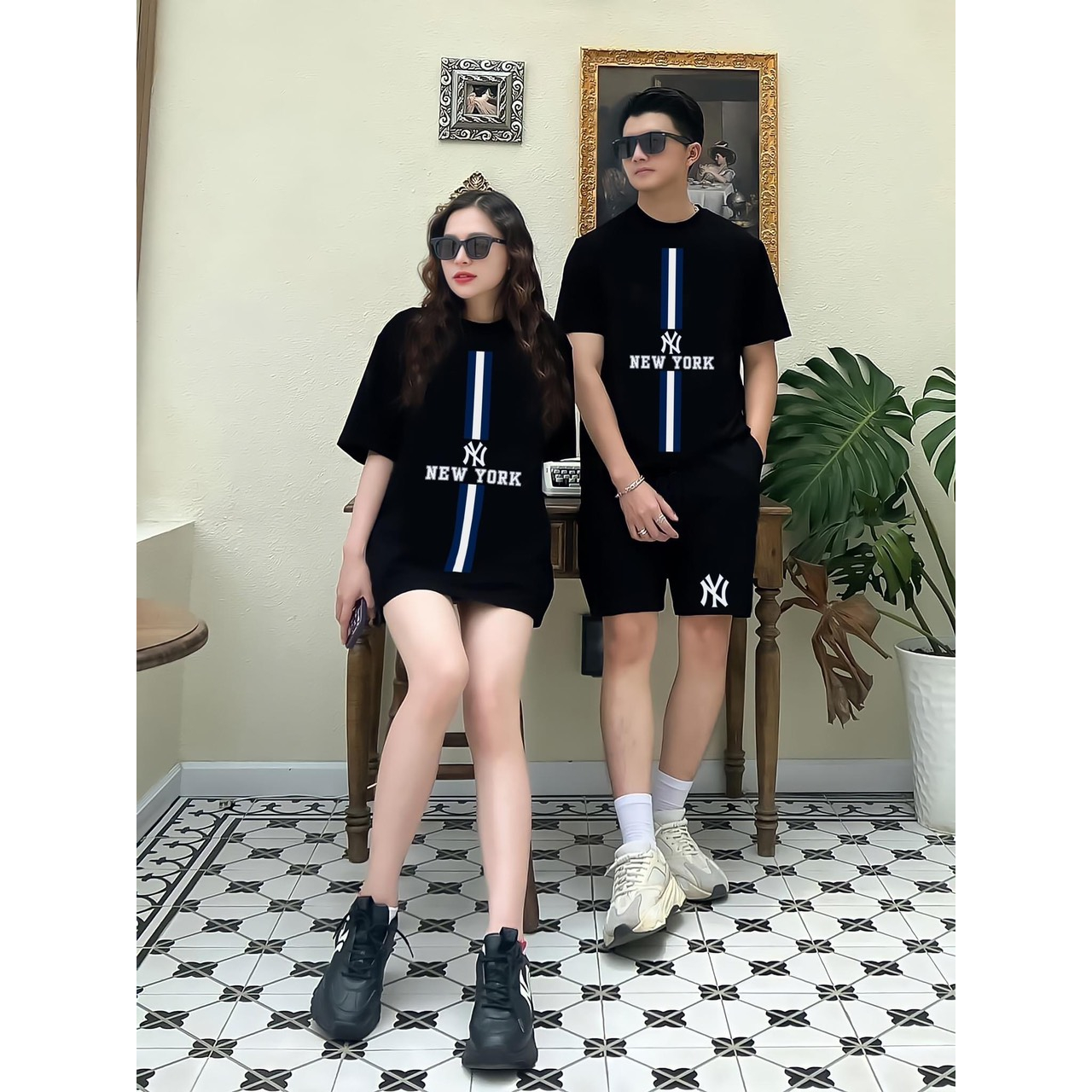 Bộ Thể Thao Nam Nữ Hè NEW YORK Tay Lỡ Trẻ Trung Nặng Động, Cotton Khô Mềm Mịn Thấm Hút Mồ Hôi Cực Tốt