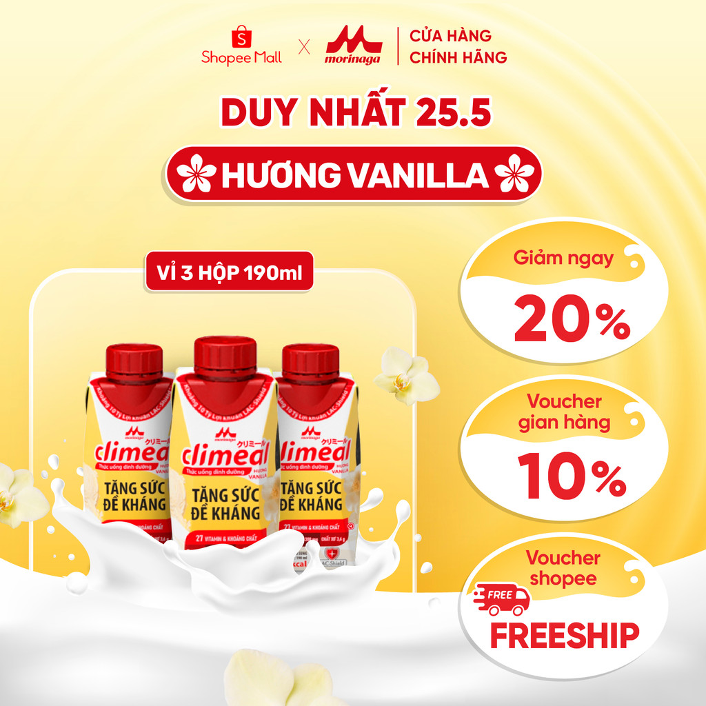 Vỉ 3 hộp 190ml Thức uống dinh dưỡng Climeal - Hương vanilla