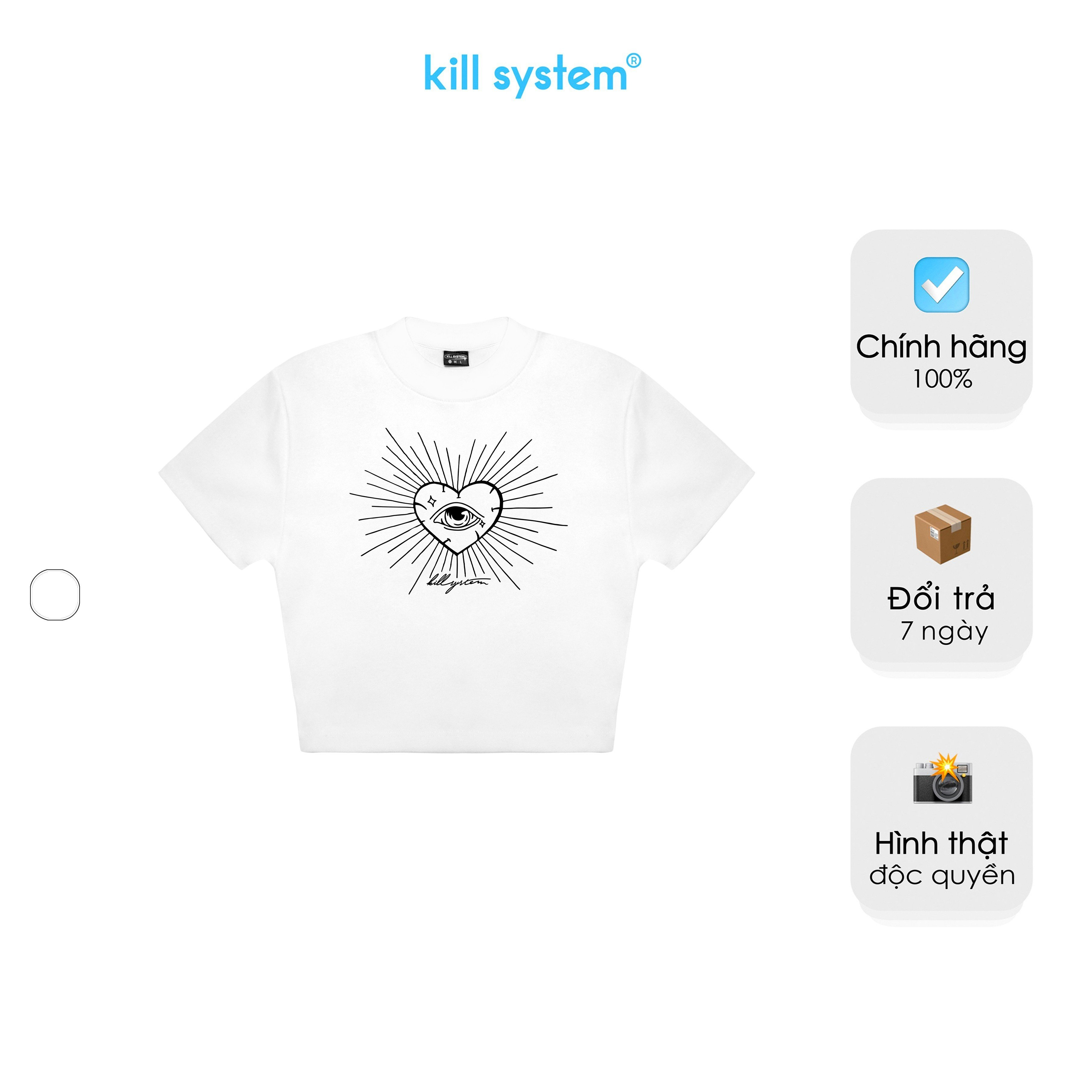 Áo thun croptop Kill System tay ngắn Alina màu trắng thêu hình trái tim chất thun gân co giãn