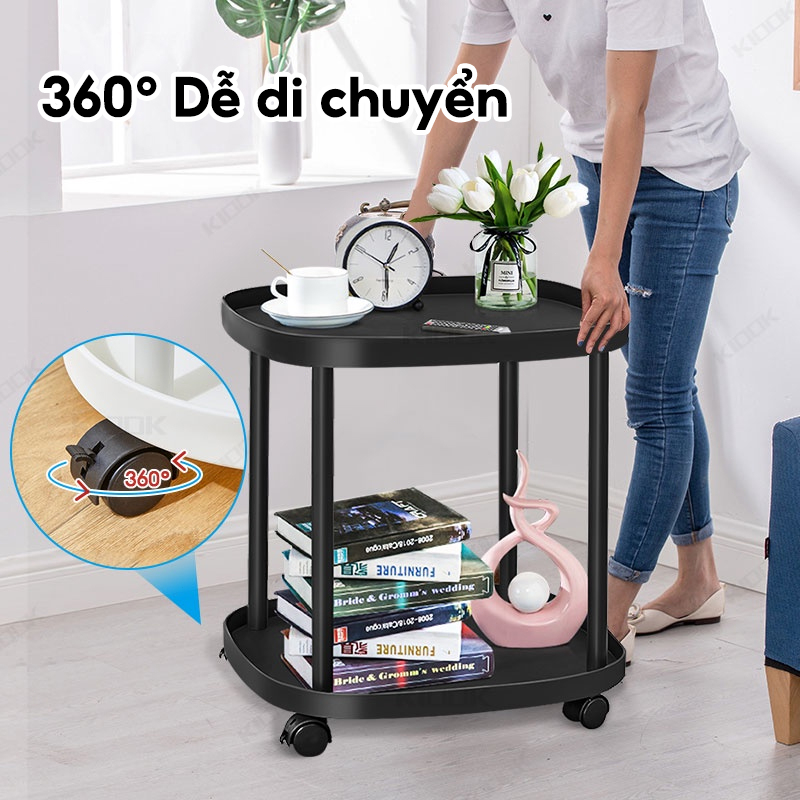 Bàn trà mặt tròn,Kệ trang trí - Kệ đầu giường đầu giường đa năng bánh xe 2-3 tầng trang trí phòng khách, phòng ngủ