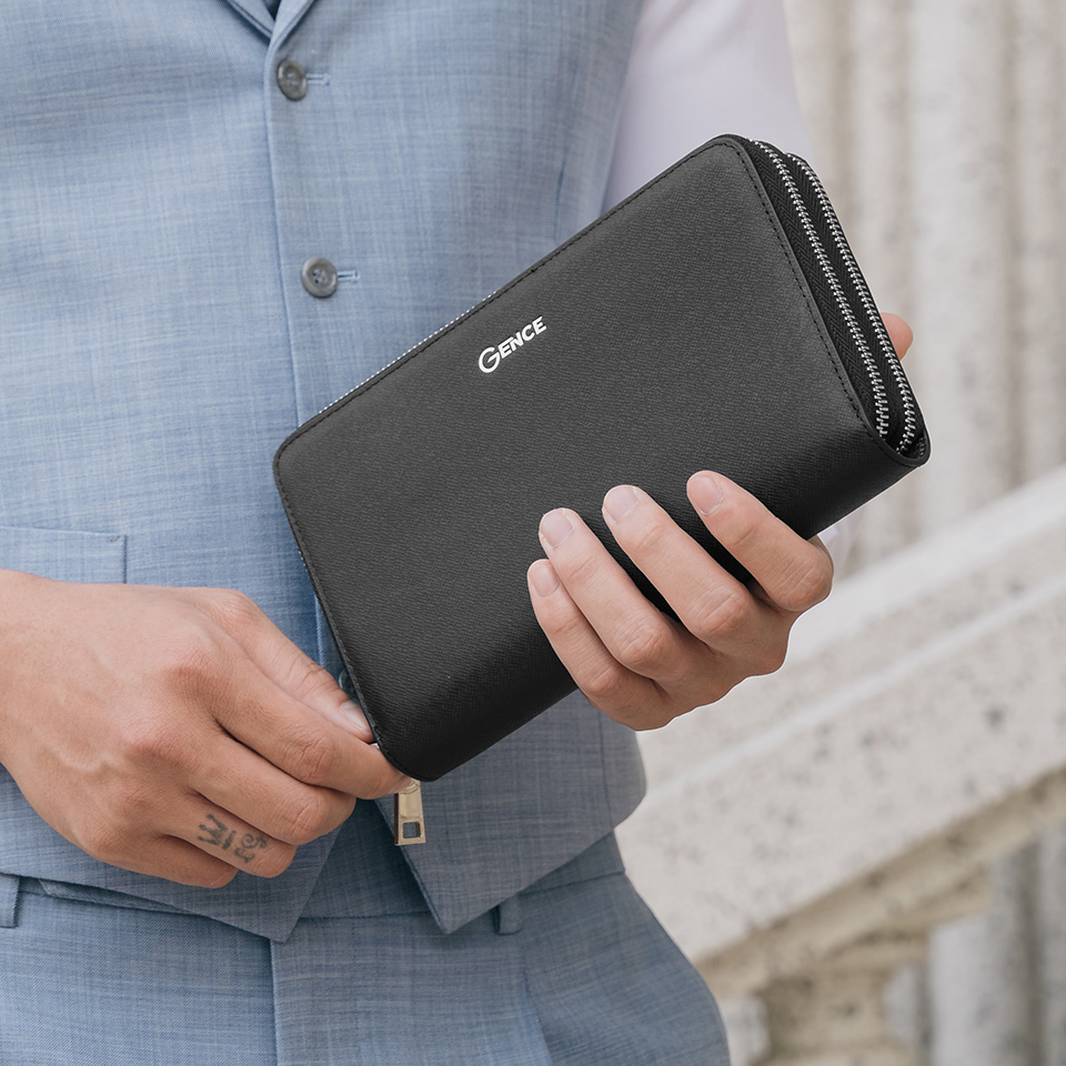 Ví Cầm Tay Nam Gence 2 Khoá Da Bò Taiga HT21 Màu Đen