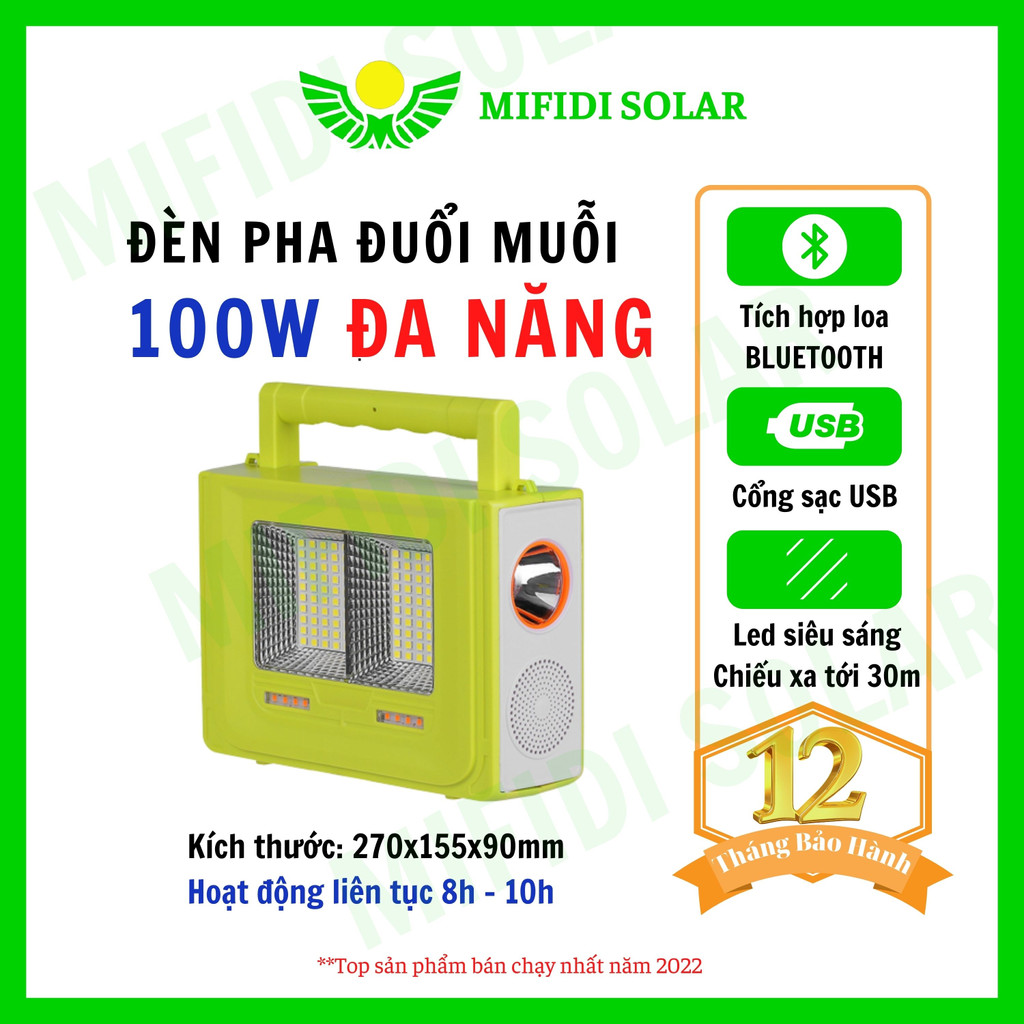 Đèn Năng Lượng Mặt Trời Đa Năng Di Động kết hợp Loa Bluetooth, Sạc USB, Đèn Pha 100W, Đèn Pin Siêu Xa, tặng bóng LED 5W