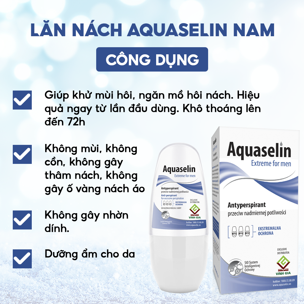 Lăn Nách Khử Mùi Cho Nam AQUASELIN Extreme For Men Không Mùi Không Ố Vàng Áo Giảm Mồ Hôi Hiệu Quả 50ml