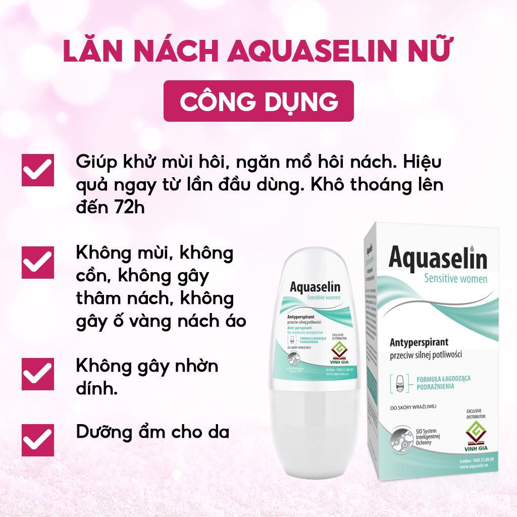 Lăn Khử Mùi AQUASELIN Sensitive Women Giữ Gìn Vệ Sinh, Khô Thoáng Dùng Cho Nữ Giới Bị Đổ Mồ Hôi Ít, Mùi Nhẹ 50ml