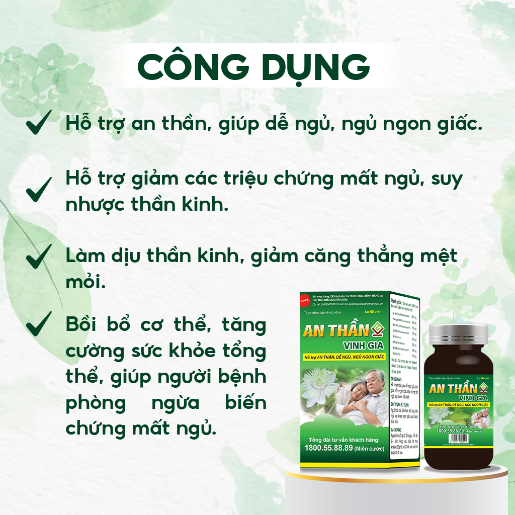 Viên Uống An Thần VINH GIA Hỗ Trợ Ngủ Ngon, Giảm Căng Thẳng Mệt Mỏi Cho Người Bị Suy Nhược Thần Kinh 60 Viên/Hộp