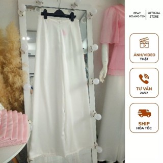 Quần áo dài màu trắng sữa chất lụa satin ống rộng 35cm dài 105cm